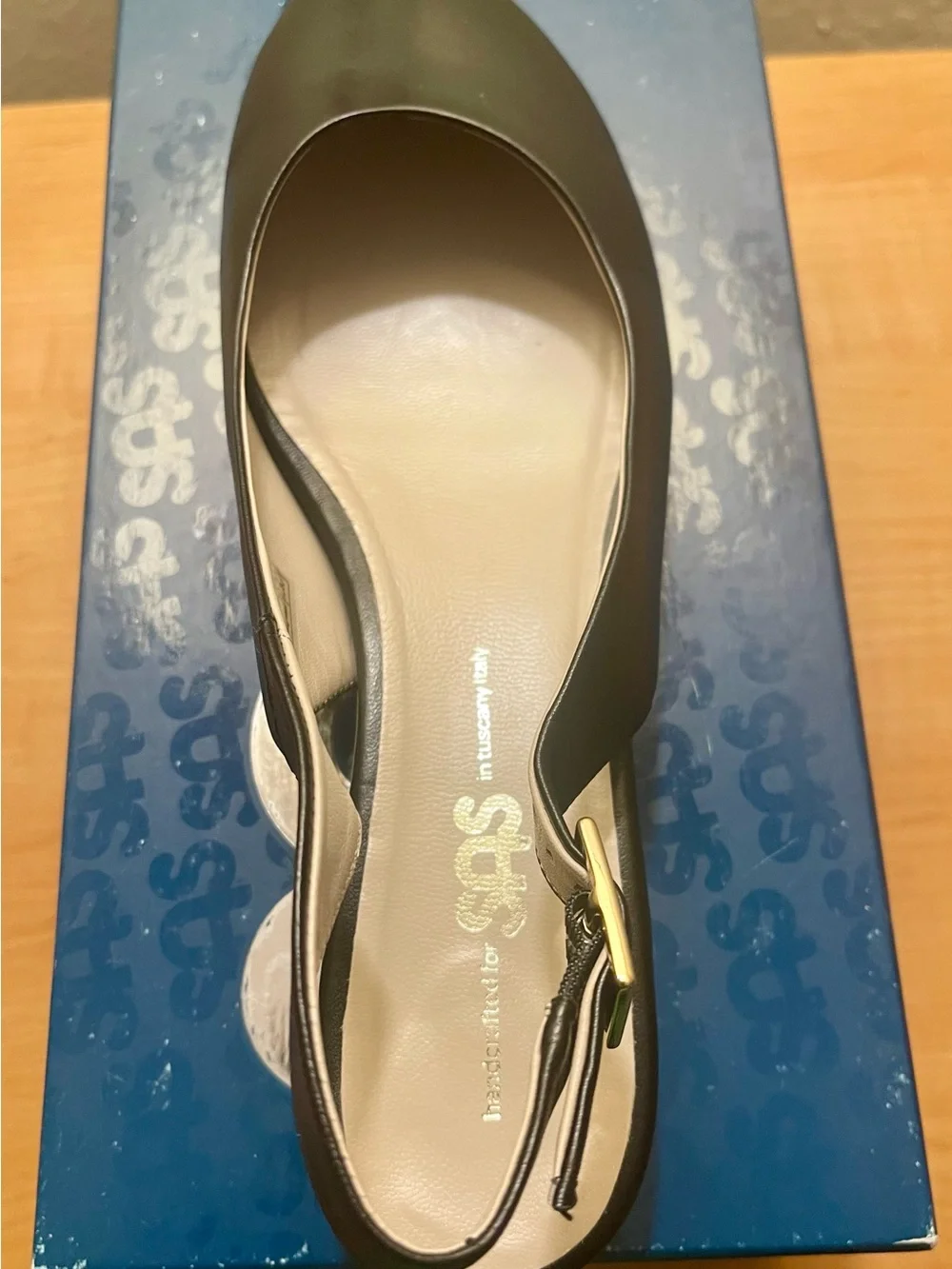 SAS Black Slingback Flat with Gold Buckle (New)